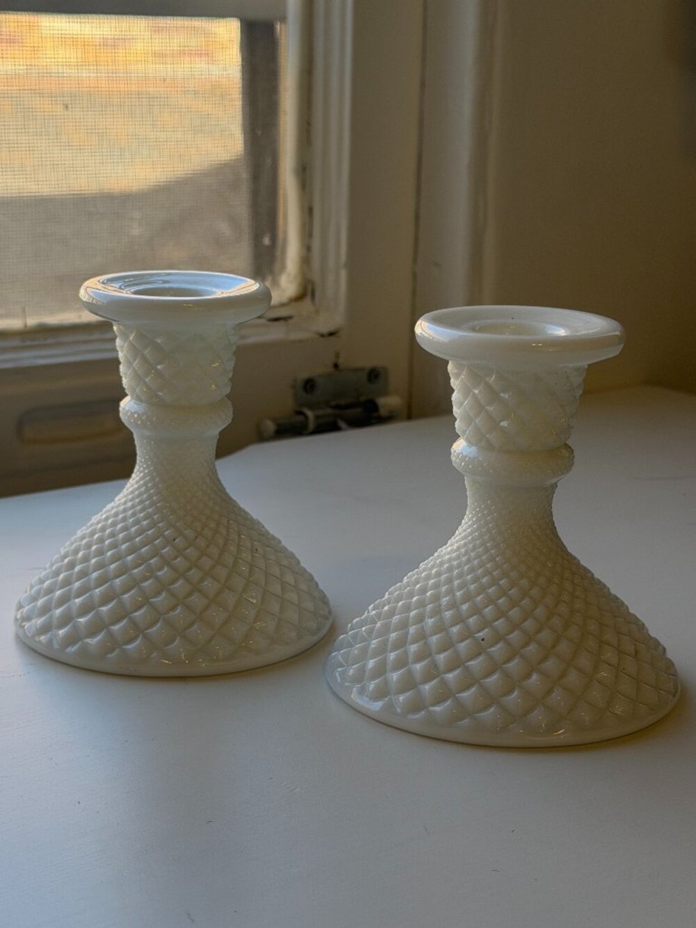 S/2 Vintage Westmooreland Hobnail Milk White Candlestick Holders